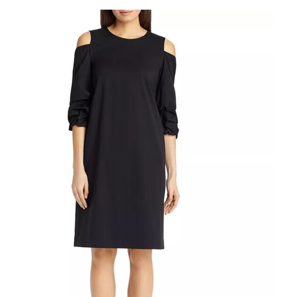 Lafayette 148 New York Willa Shift Dress Cold Shoulder 3/4 Sleeves Black Small - Picture 3 of 13